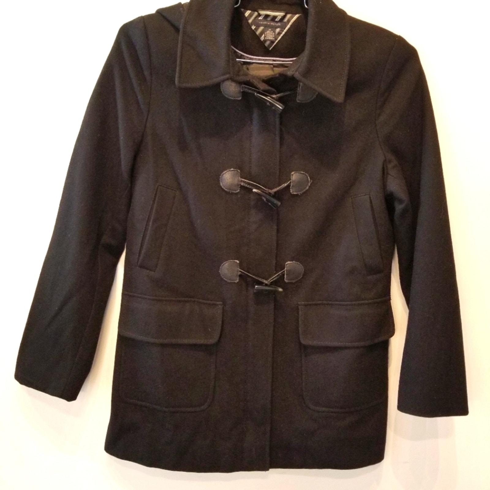 Tommy Hilfiger Black Winter Jacket Coat Wool Blend Parka Zipper Pockets Size M