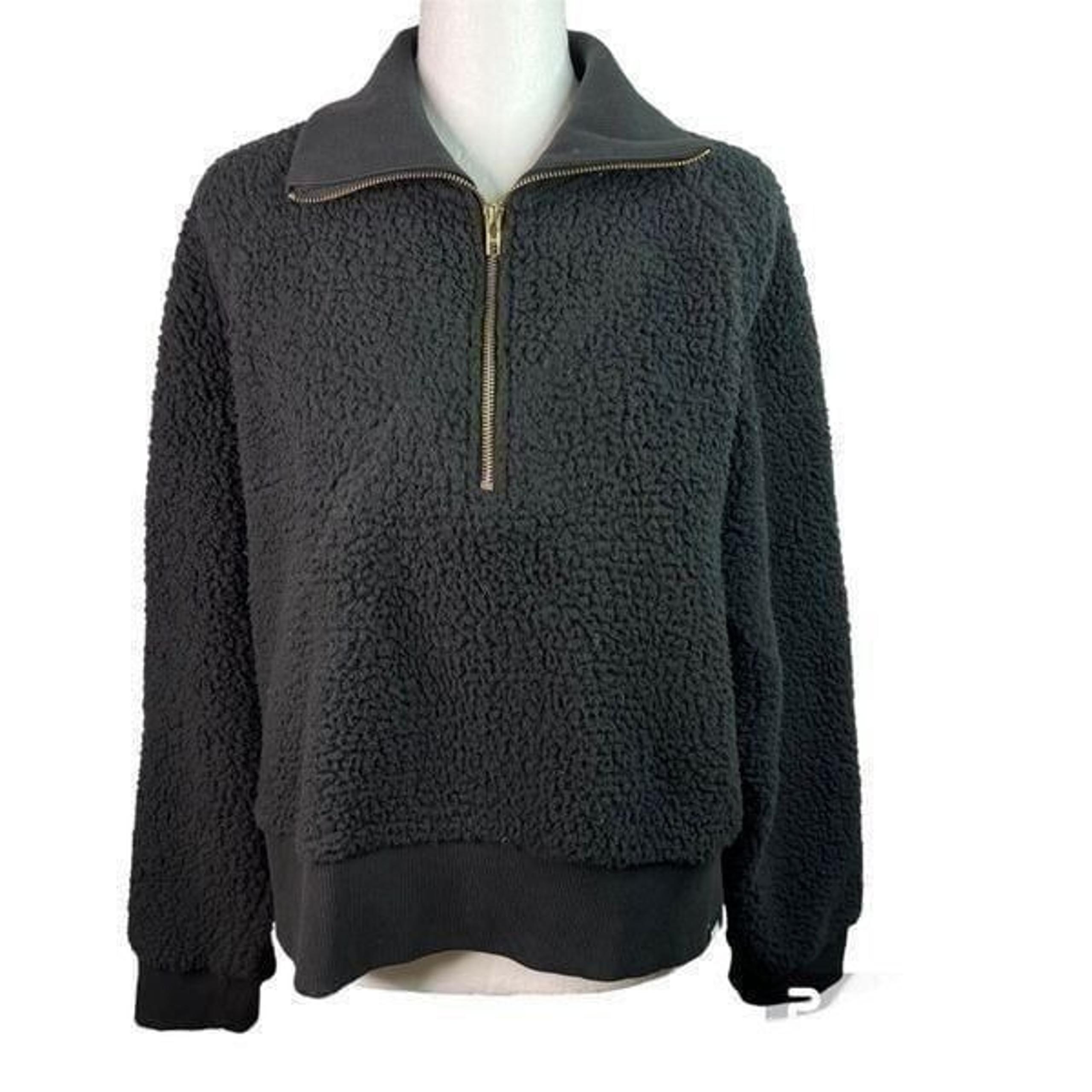 PINK Victoria Secret Sherpa Fleece Pullover 3/4 Zip Crop Black Sweater  Sz L