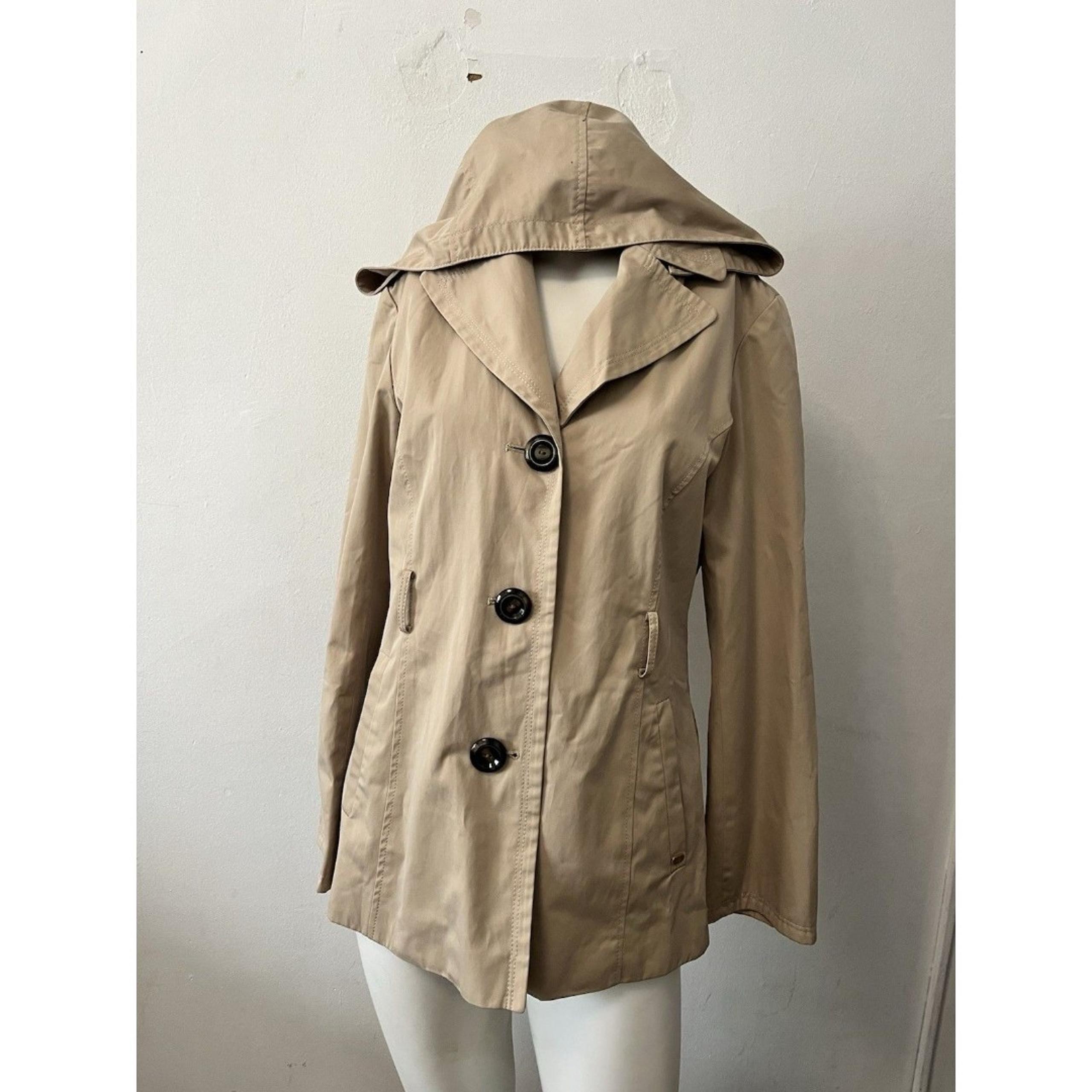 Ellen Tracy Khaki Small Missing Belt Trench Coat W/ Detachable Hood Cotton Poly