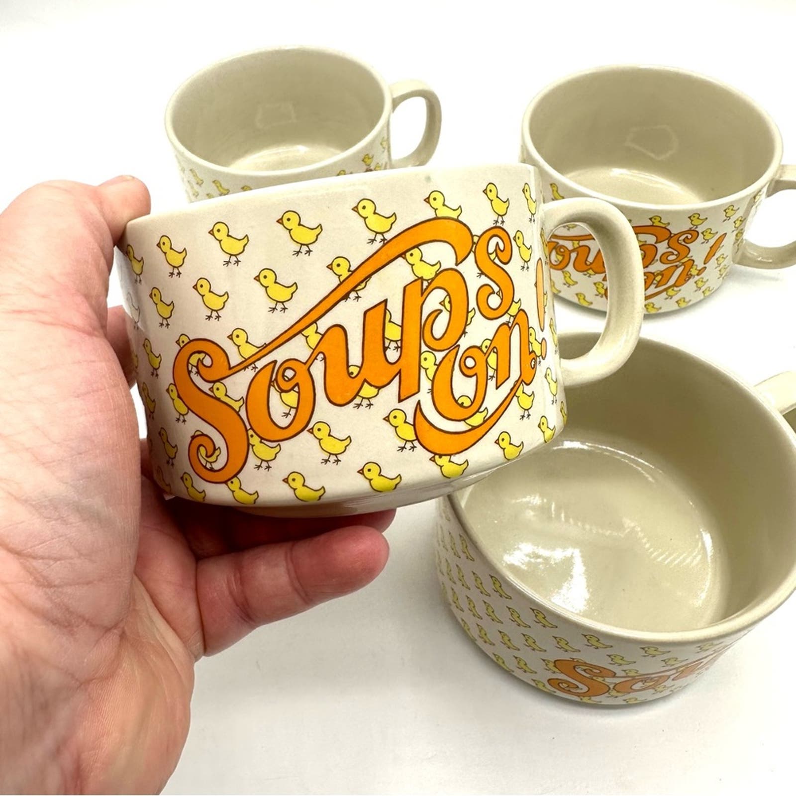 Vintage Kitschy 70s Japanese 'Soups On' Chicken Noodle Soup Mugs Set