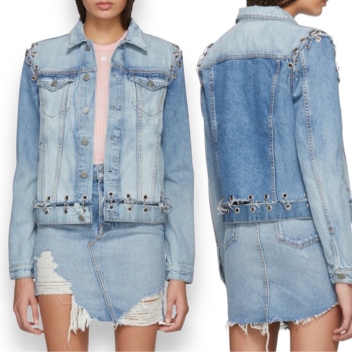 GRLFRND Gia Grommet Rings Embellished deconstructed distressed Jean Denim Jacket