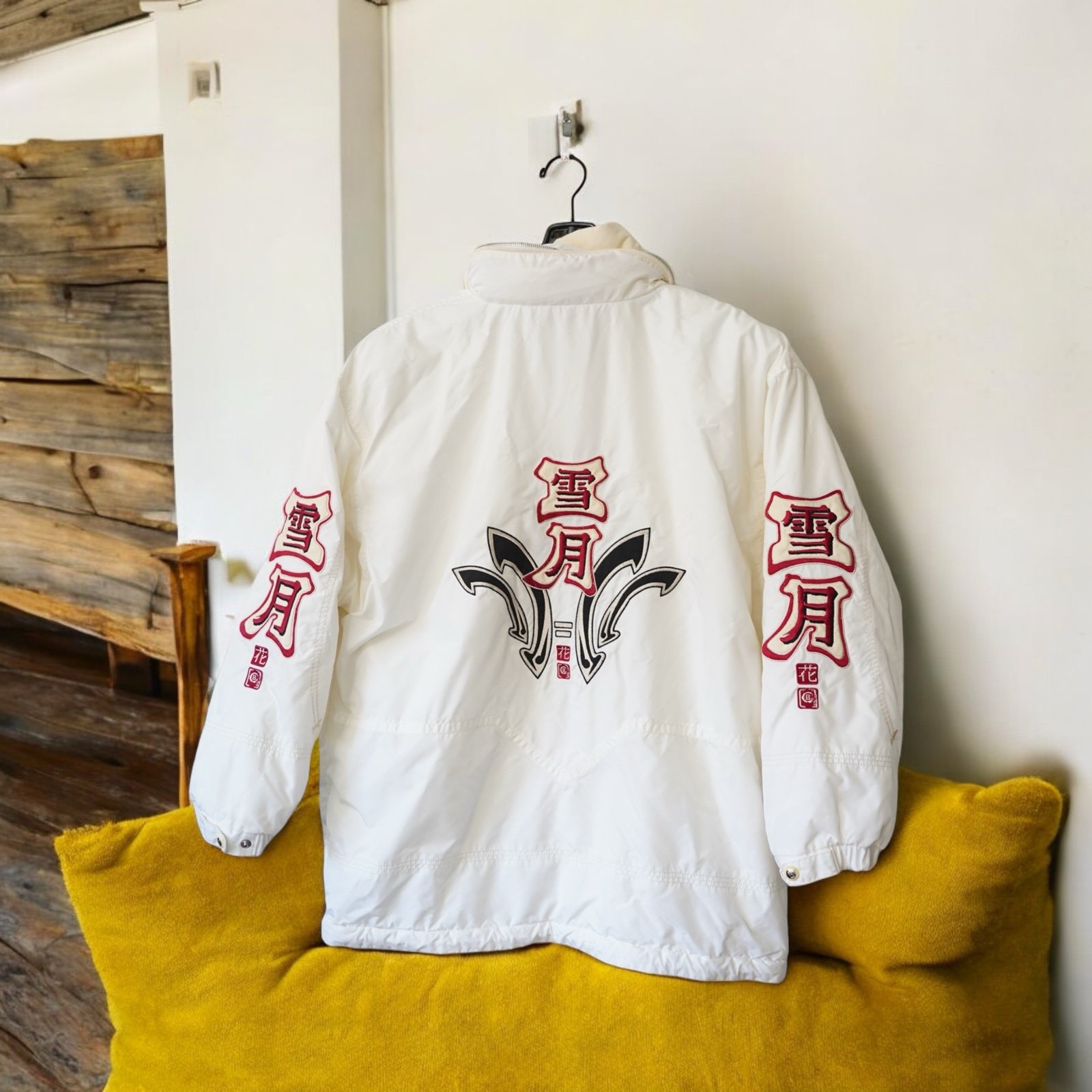 Bogner Vintage Japanese Prints White Winter Ski Jacket Hidden Hoody Women Sz 14