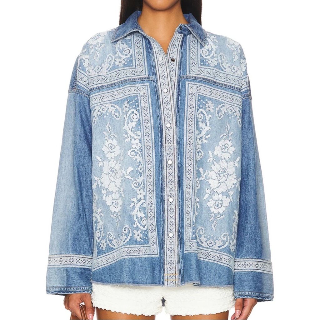 NWT FREE PEOPLE Lace Embroidered Denim Shirt size Medium