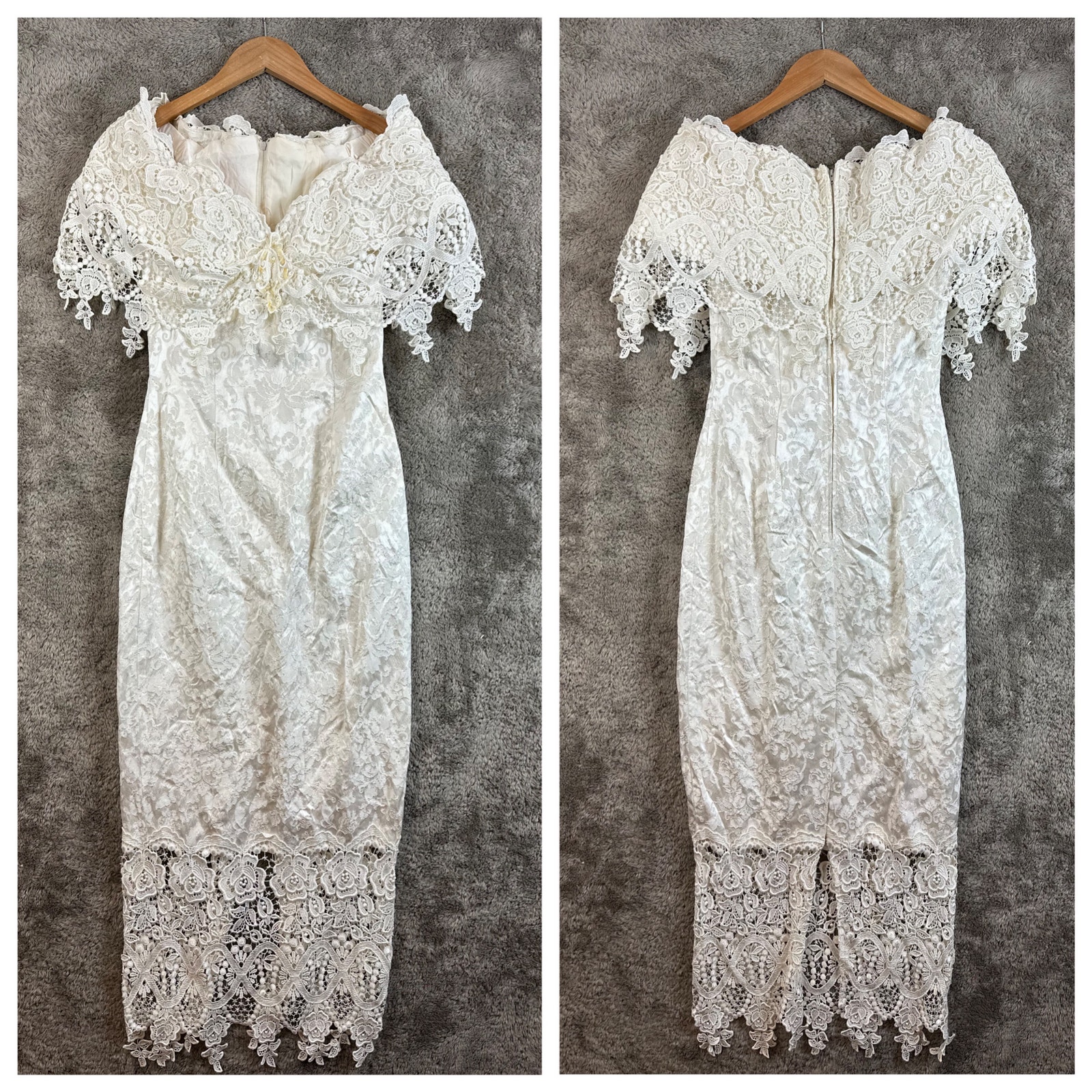 Vintage Jessica McClintock Lace Sheath Wedding Dress Off Shoulder Ivory White