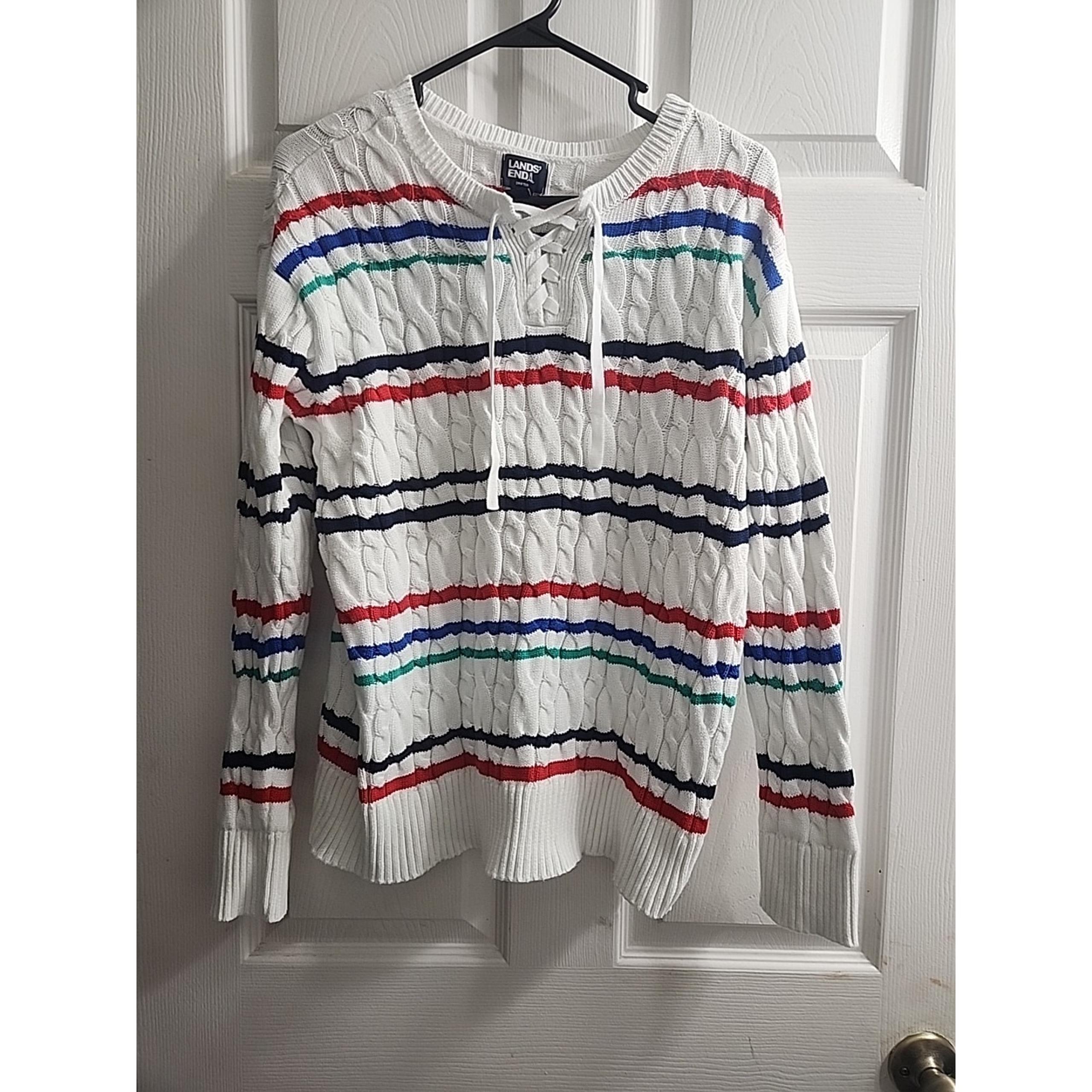 Lands' End Women's Cotton Drifter Cable Knit Lace Up Neck Sweater M 10-12