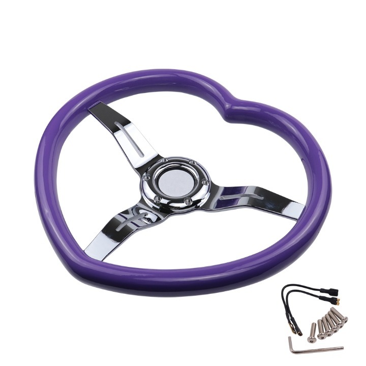 BRAND NEW 340MM Universal Heart Shaped Purple ABS Steering Wheel Chrome Spoke