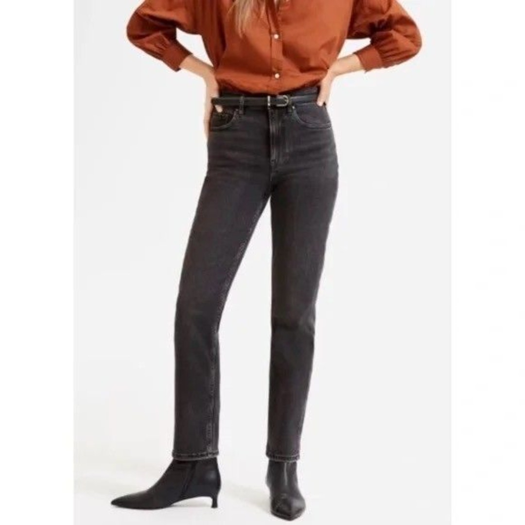 EVERLANE High Rise Straight Jean 25 Ankle Washed Black Gray Stretch EUC B42