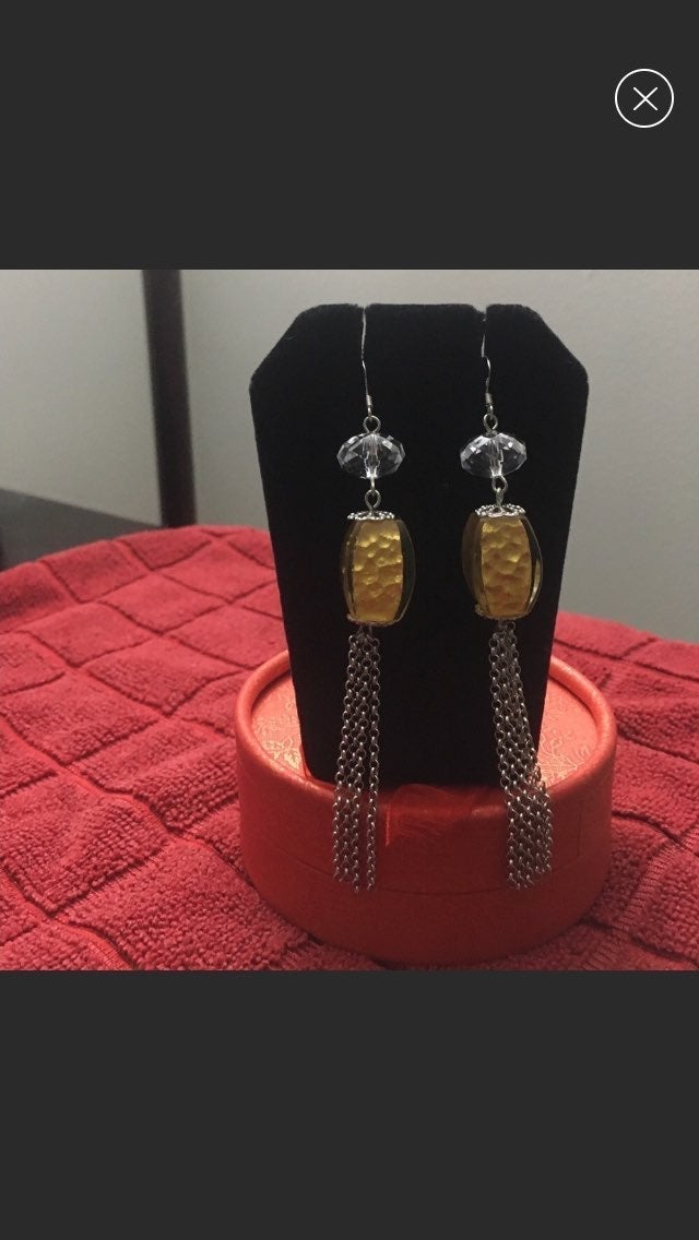 Acrylic 24k Gold Foil Encrusted Pierced Dangling Chain Earrings