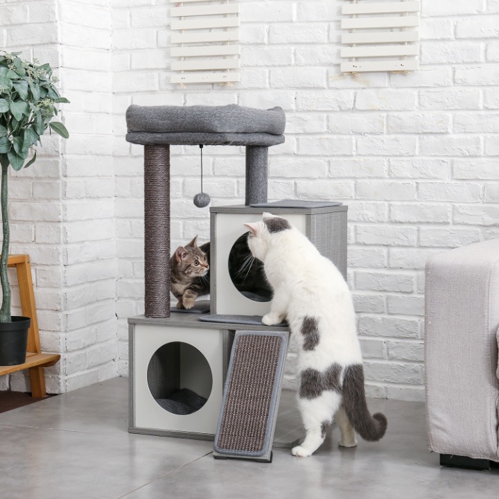 Wood Cat Tree Cat Tower With Double Condos Spacious Perch Sisal Scratching Post