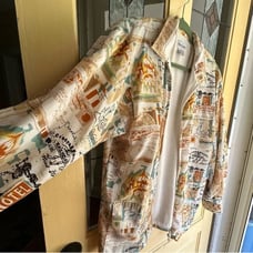 Vintage Oleg Cassini Collared Coat, travel/postcard themed, EUC