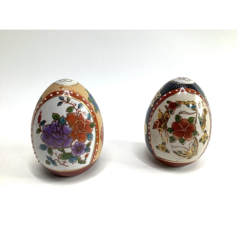 2 Hand Painted Oriental Porcelain Large Eggs Floral Butterfly 3.5