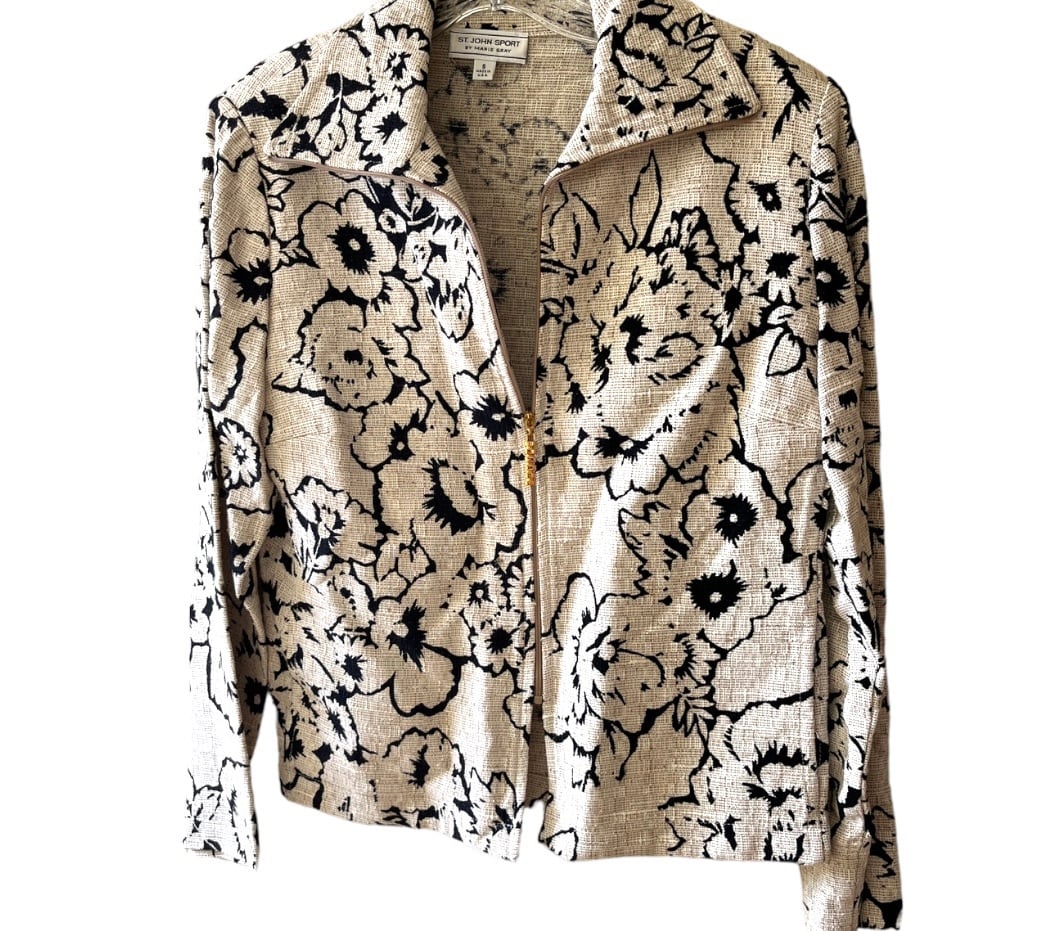 ST. JOHN Sport natural floral zip up blazer minimalist jacket size small