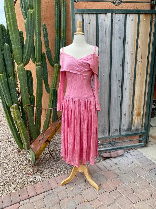 Rose Pink Satiny Jacquard Dress Cold Shoulder Straps