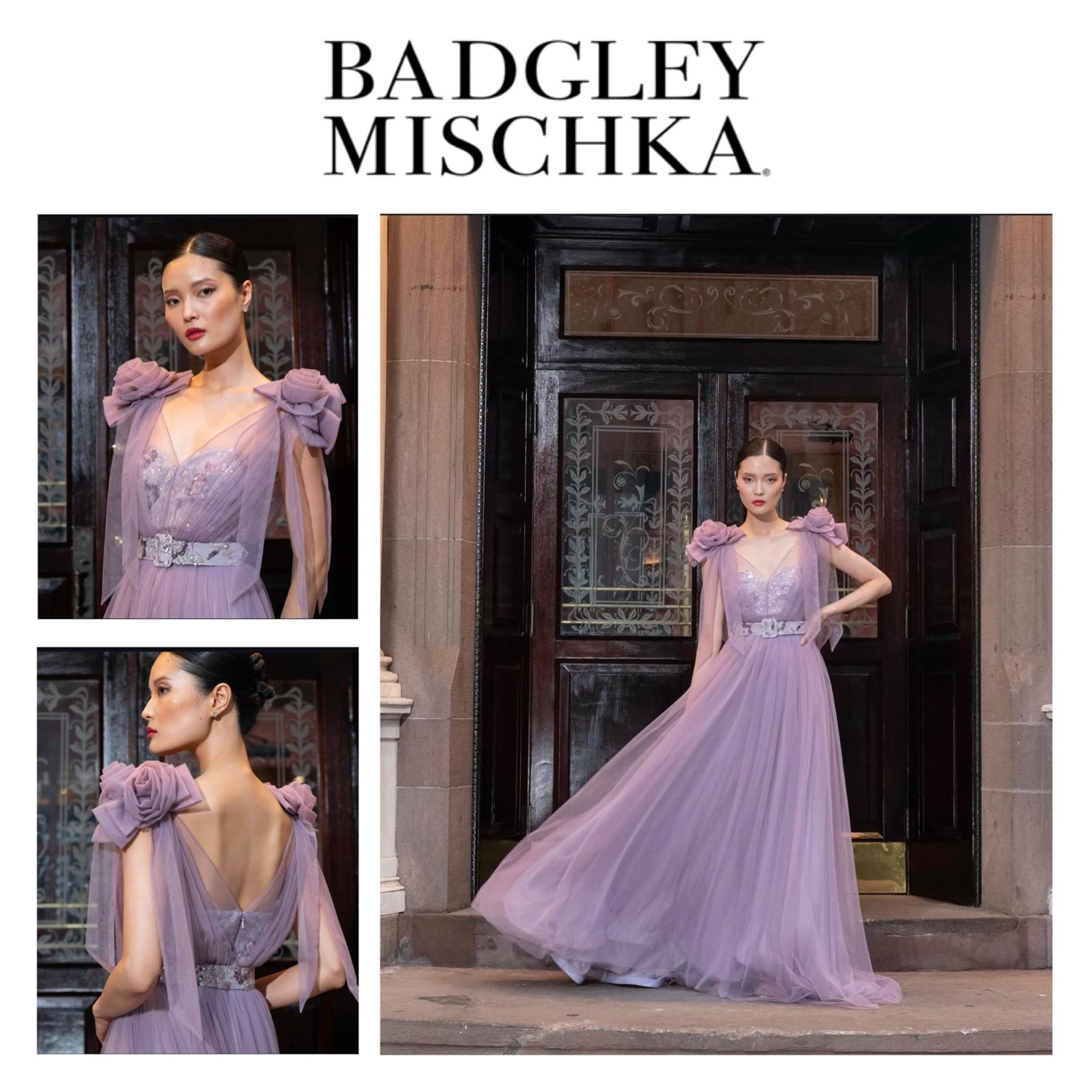 Badgley Mischka Tulle Gown with Sequined Bodice & Floral Shoulder Accents