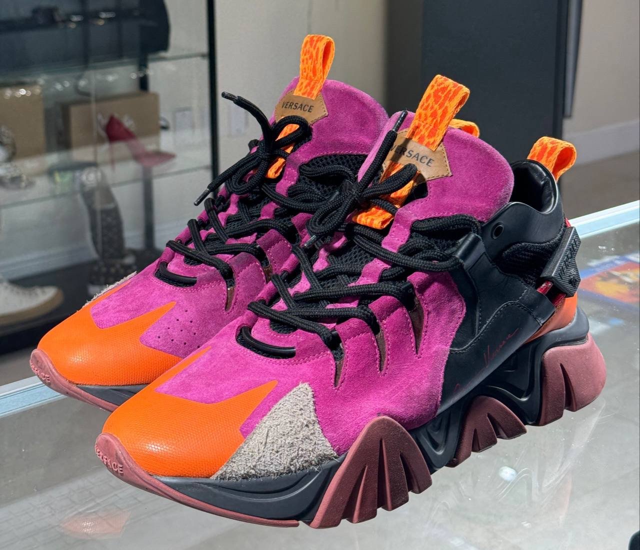 Versace Suede ￼Squalo Sneakers Mens Shoes Size EU 46 purple orange lightly used!