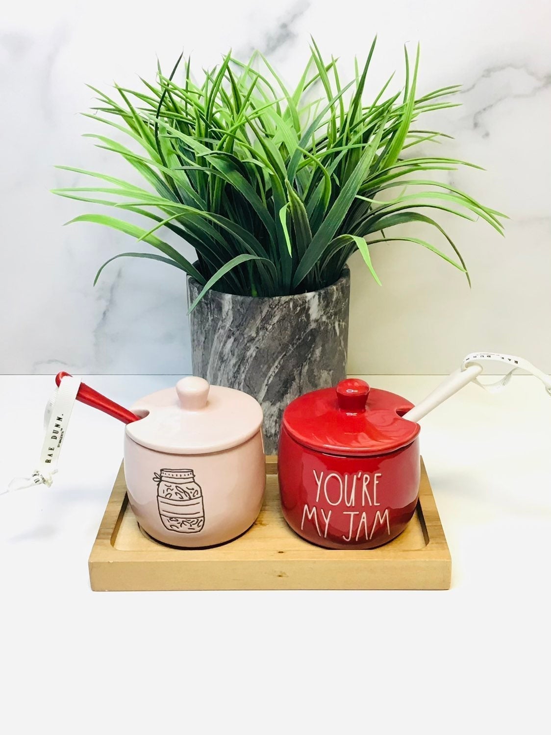 Rae Dunn Red Pink You’re My Jam Wood Jelly Jam Holder Valentines Set