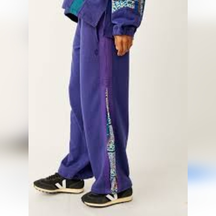 FP Movement Kickoff Cotton Sweatpants Blue Floral Insert Wide Leg Women's Size M