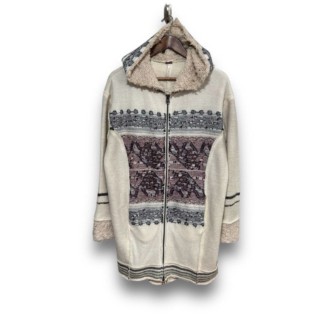 Free People Nordic Knit Alpine Escape Long Hooded Sweater Jacket Size S 22.5x35
