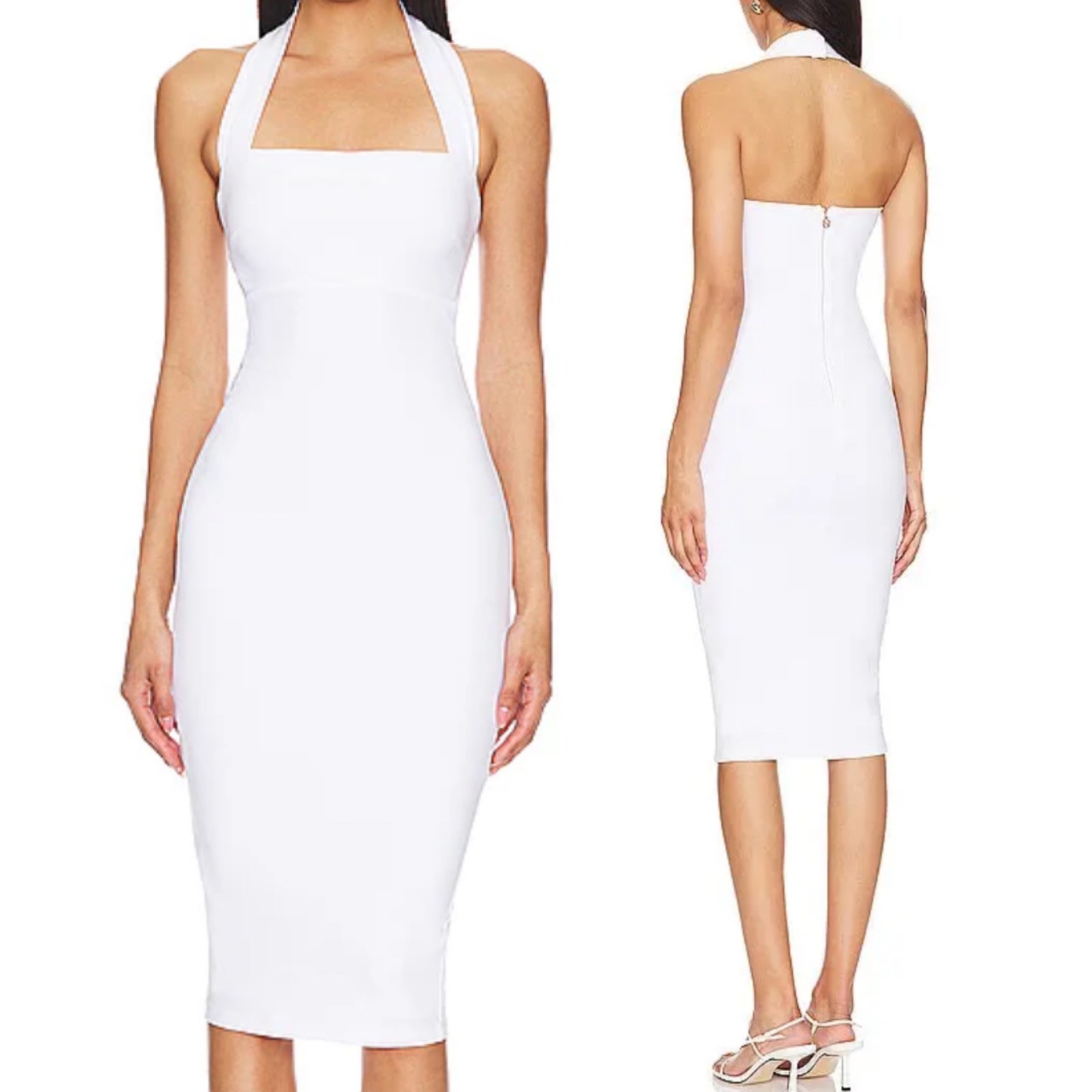 Nookie Boulevard Midi Dress Bodycon Halter Square Neck Stretchy Crepe White M