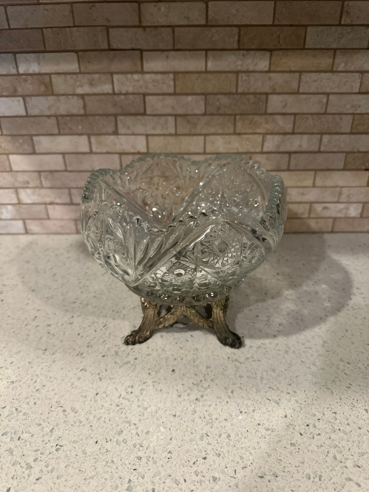 Hollywood Regency Pressed Glass Trinket Bowl Dish Brass Legs