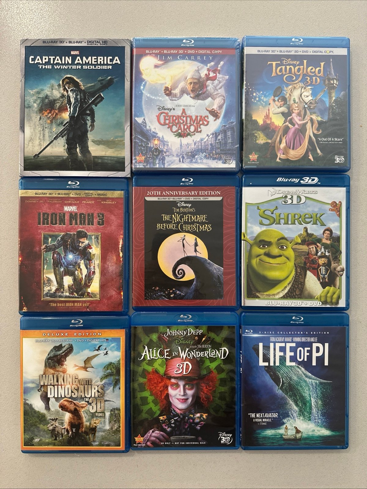 3D Blu-Ray lot of 9 movies / Pi / Tangled / Shrek / Marvel / Iron Man / Disney