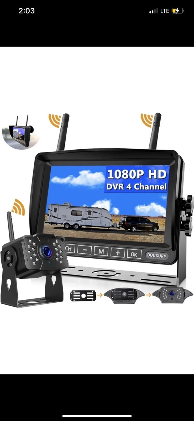 RV Wireless Backup Camera DOUXURY IP69 Waterproof 170° Wide View Angle HD 1080P