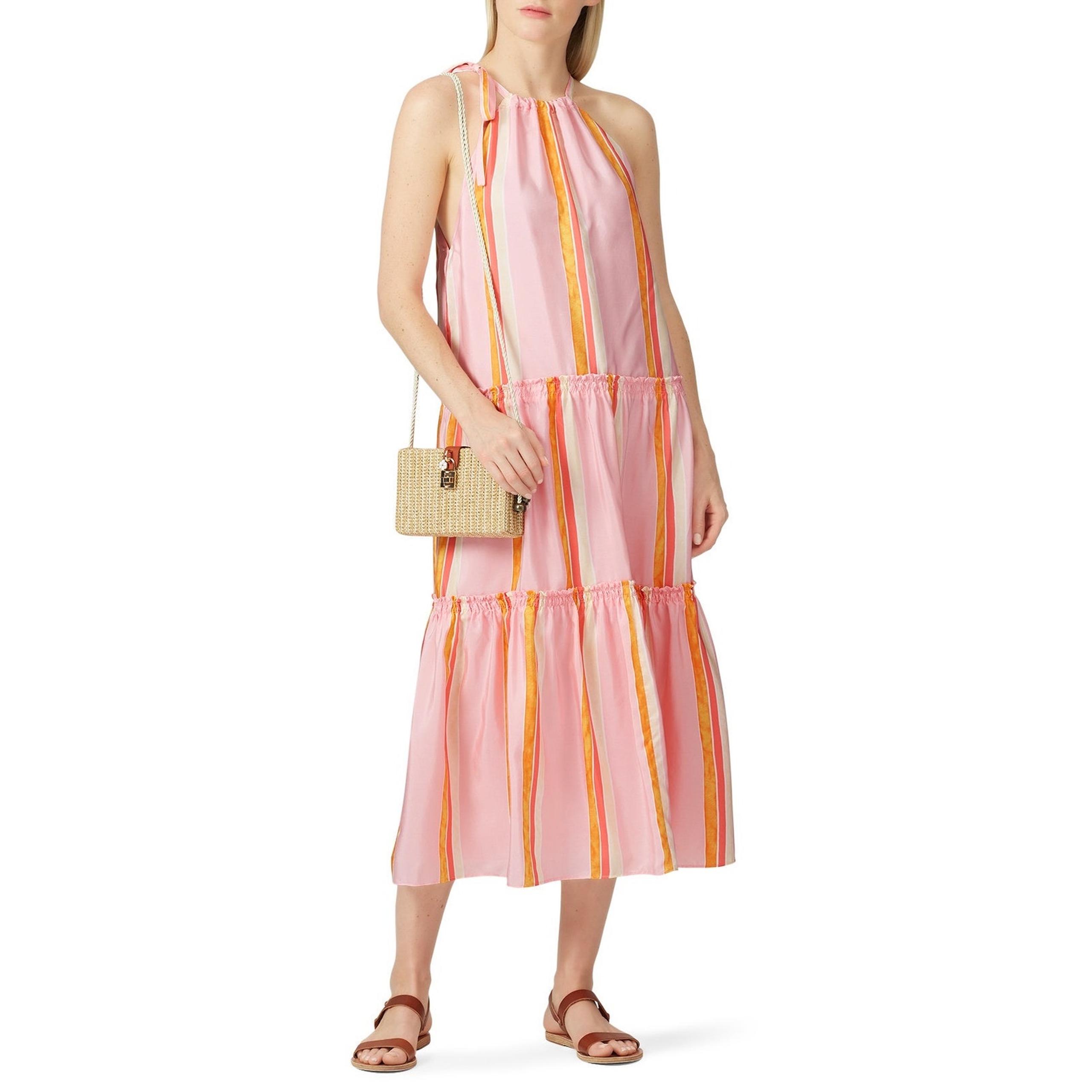 Club Monaco Amirra Dress Women's Plus 14 Pink Striped Silk Sleeveless Midi RTR