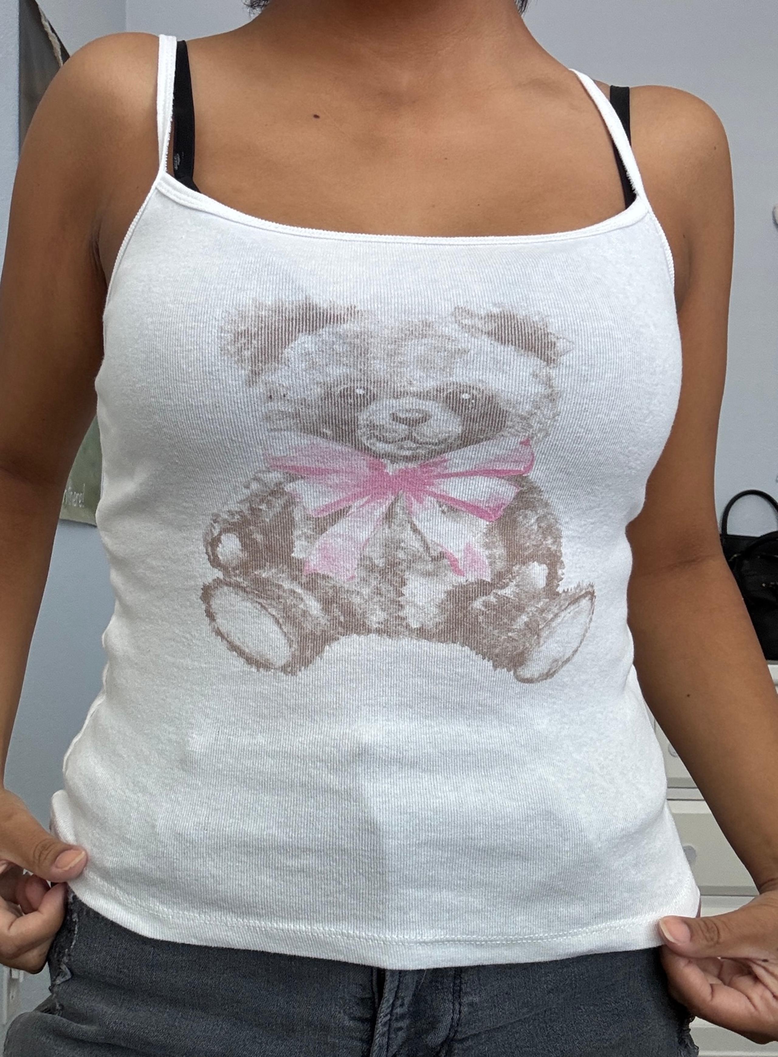 white and pink teddy bear tank top