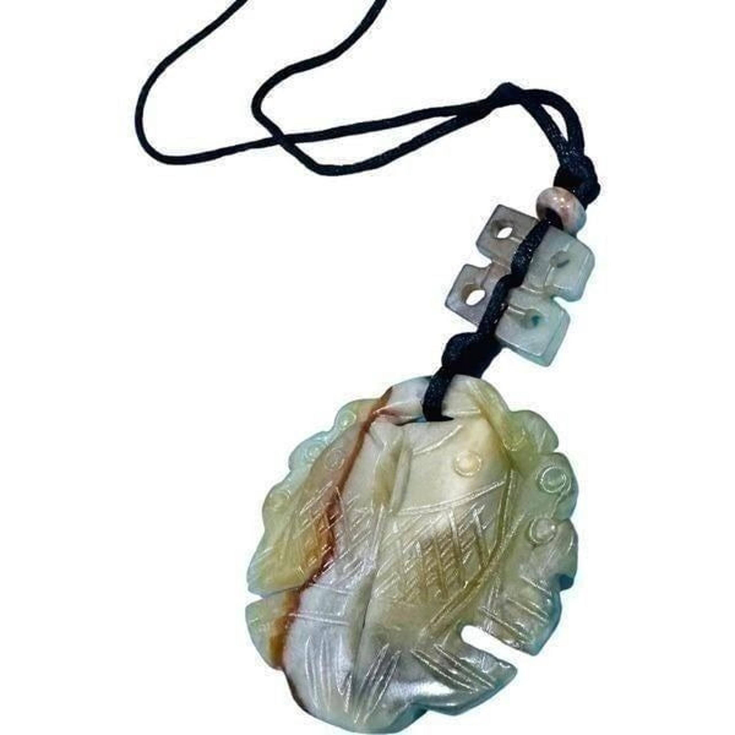 JADE JADEITE Antique Vintage Koi Fish Oriental Carved Pendant on Silk Cord Long