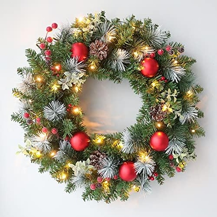 Christmas Wreath With Lights Ornaments Frosted Artificial Indoor Outdoor Pre-lit