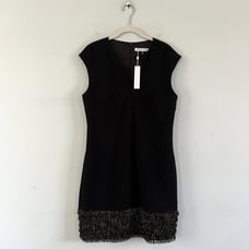 NWT Trina Turk Black Crepe Gold Metallic Fringe Shift Dress