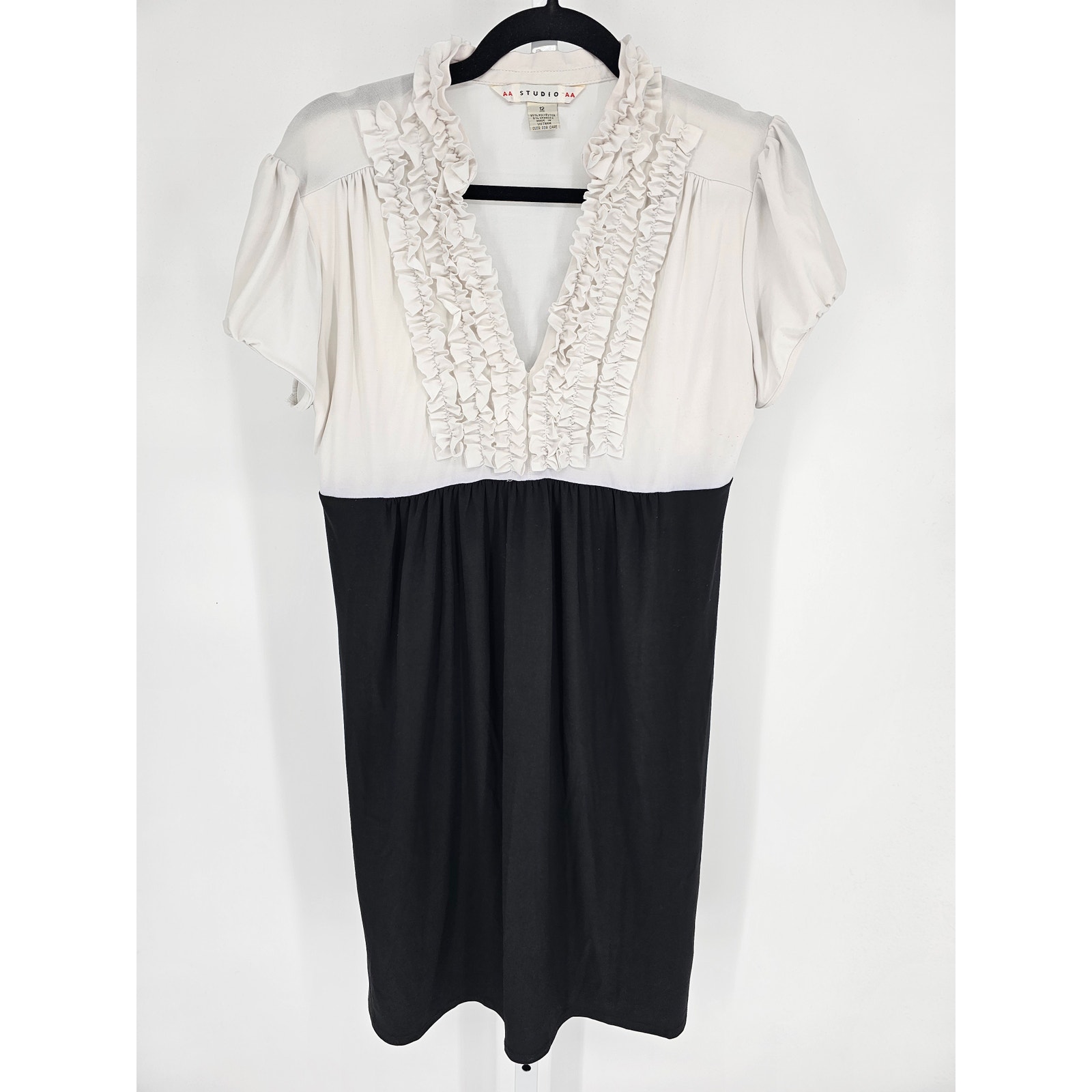 AA Studio Womens Sz 12 Knee Length Pencil Dress Classic Black White Ruffled