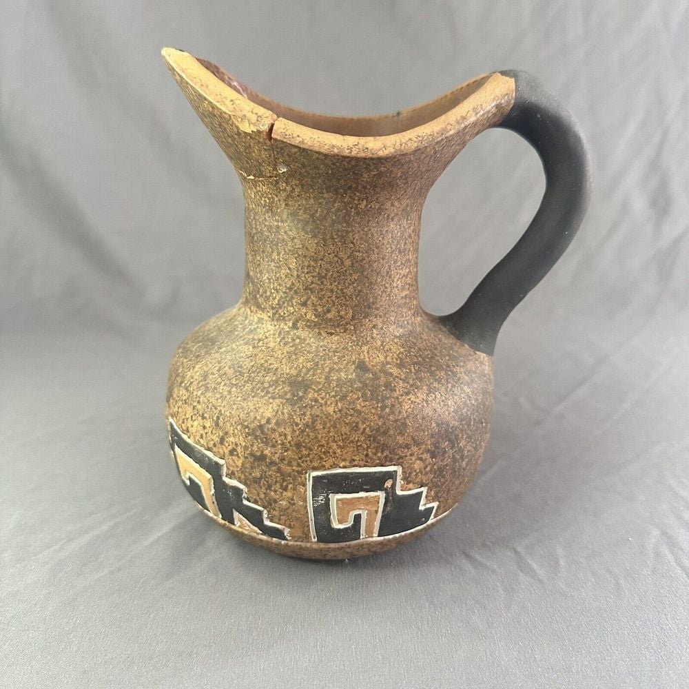 Tonala Mexican Pottery Pitcher Vase Aztec/Mayan Tribal Pattern Vintage 6.5