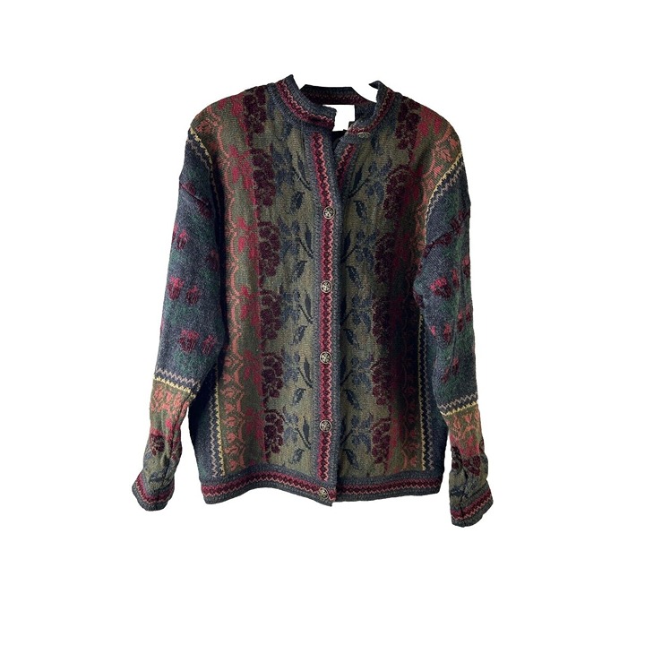 Vintage 90s Womens Small Wool Filagree Floral Knit Cardigan Sweater Artsy Grunge