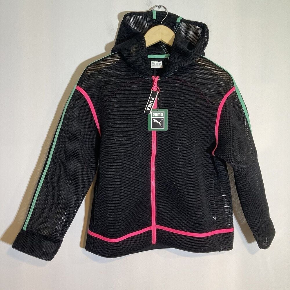 New Puma Women's XS Mesh Chase Spacer FZ Hoodie Black Full Zip Festival Neon