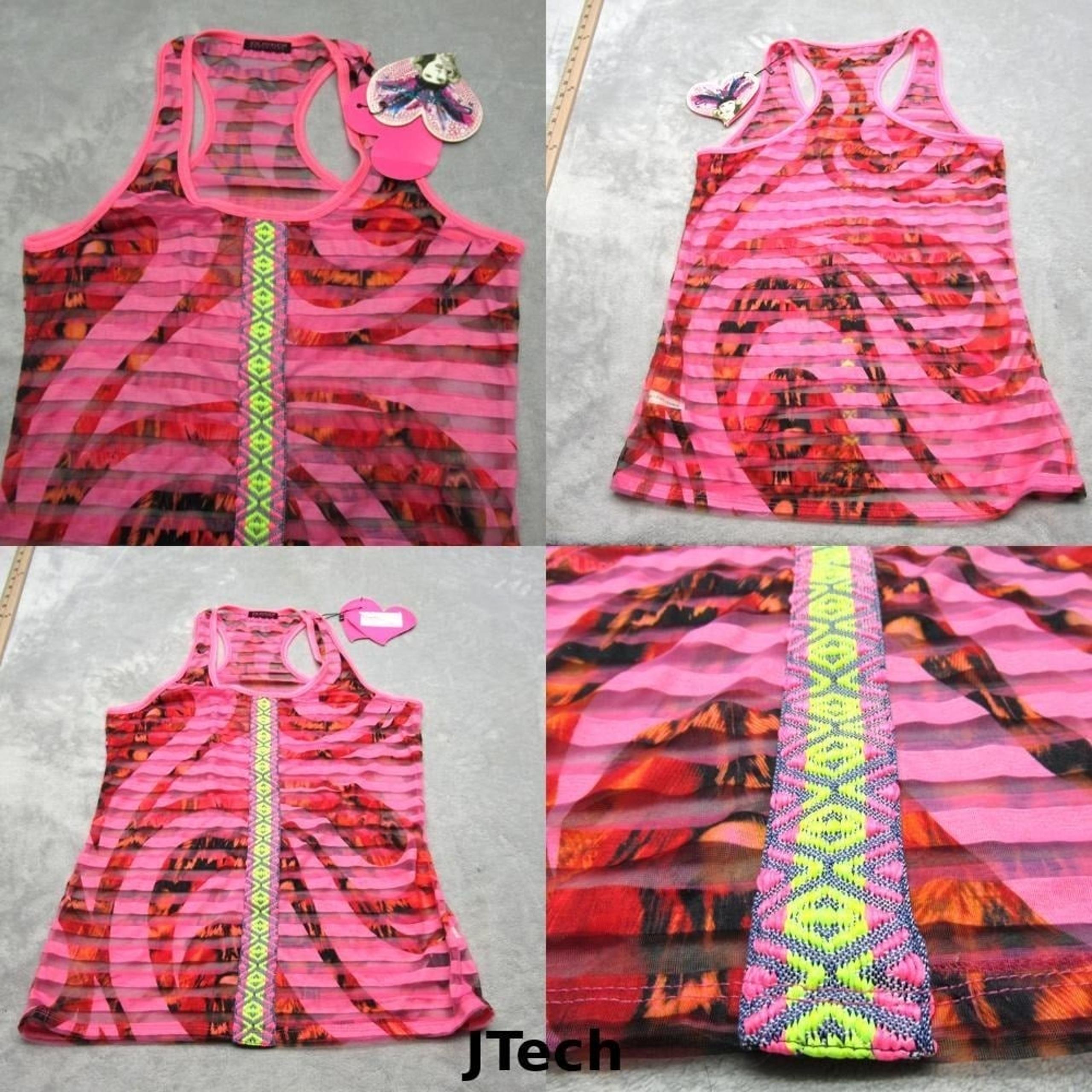 Custo Barcelona Shirt Women 3 Pink Racerback Tank Palm Abstract AOP Sheer NEW