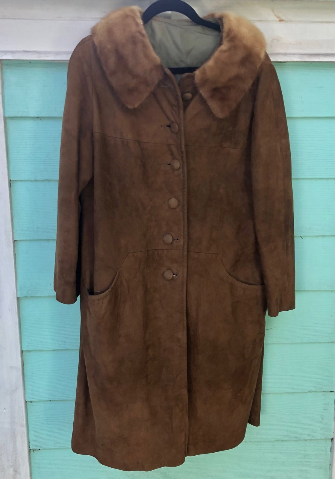 Vintage Suede Leather Coat Mink Fur Collar Brown Lined Midi M 60s 70s mod