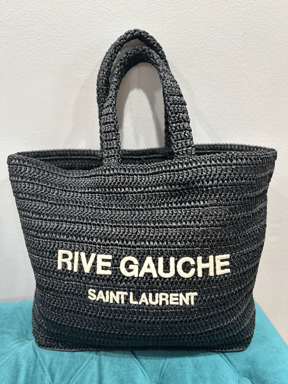 Authentic Rive Gauche Saint Laurent Raffia Tote Bag Black
