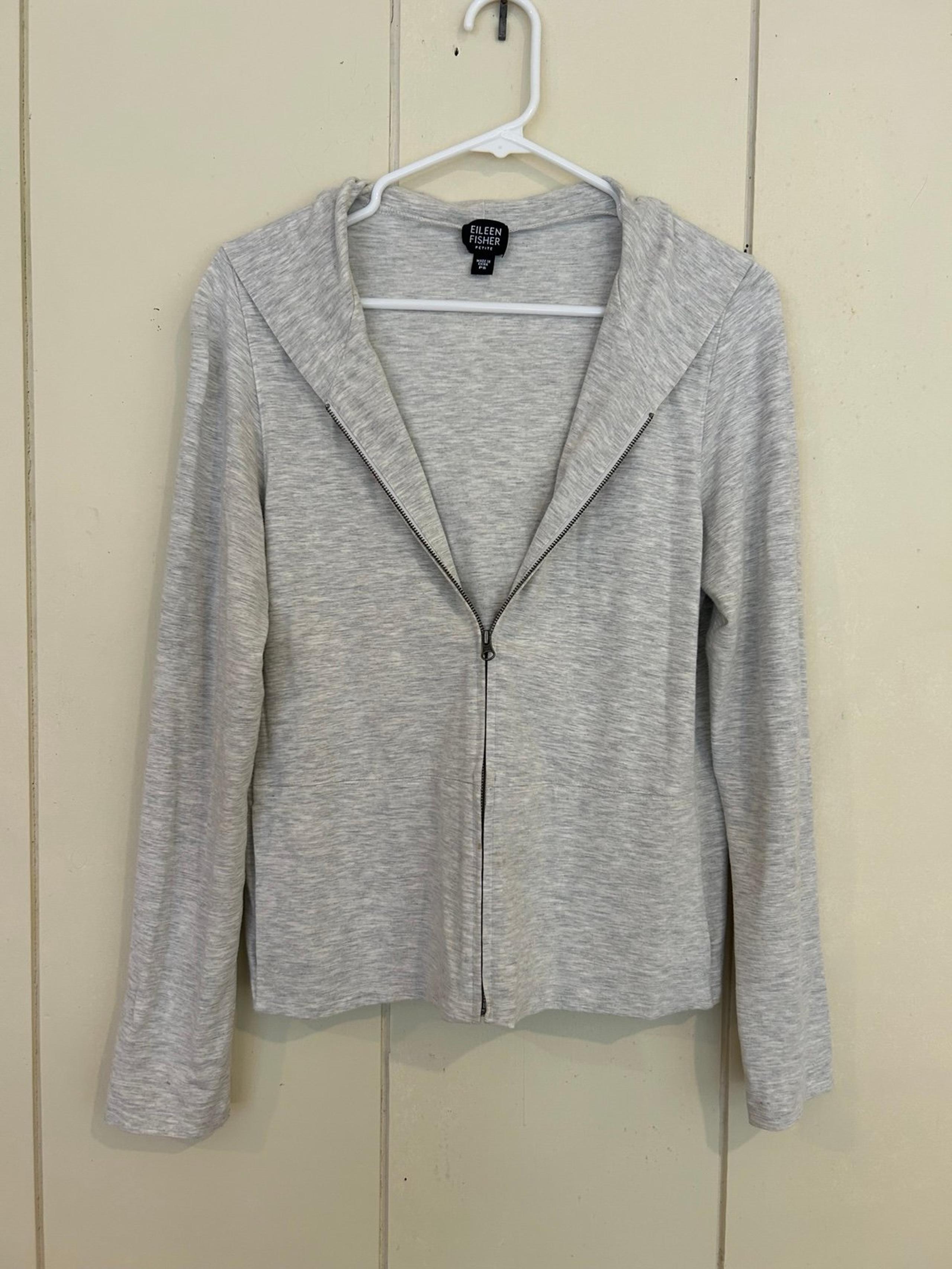 Eileen Fisher Petite viscose stretch zip up hooded grey jacket w/ pockets