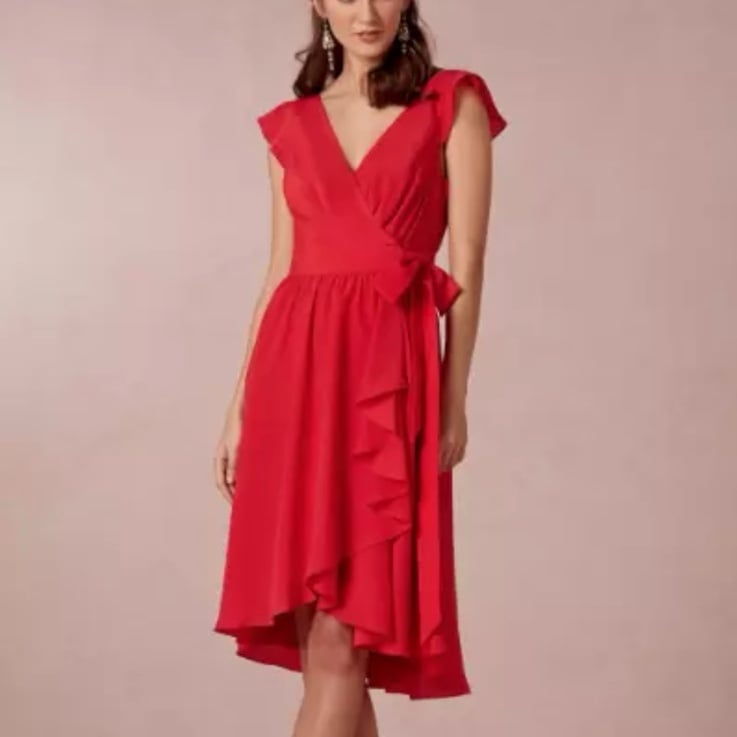 BHLDN Hitherto Anthropologie Red Sydney Wrap Dress Cap Sleeve Size 8