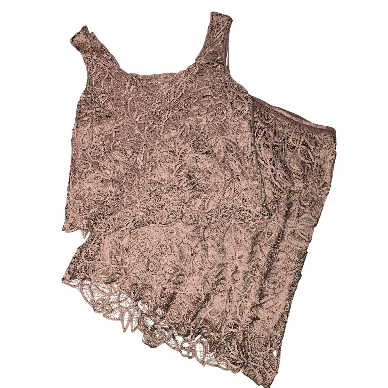 VTG Soulmates Silk 2 Piece Set Tank Skirt Womens X-Large Boho Crochet Lace Beads