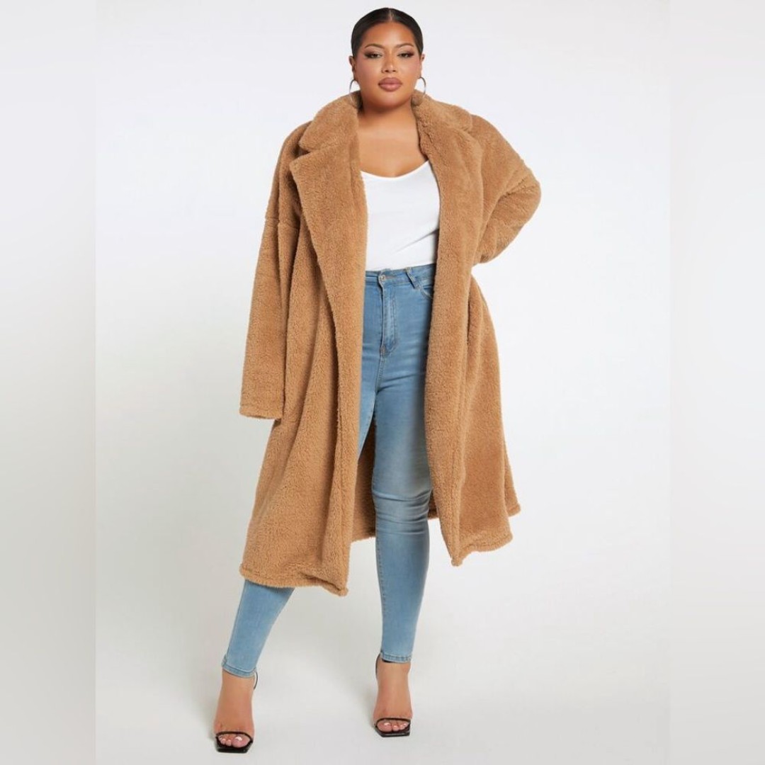 Boho Tan Lapel Neck Open Front Teddy Coat Size XL NWOT