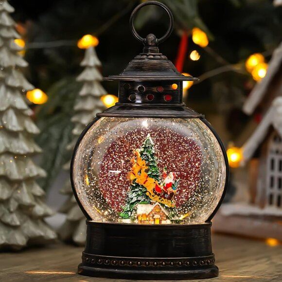 New 12 Lighted Musical Christmas Snow Globe Lantern, Santa in Sleigh, 6H Timer