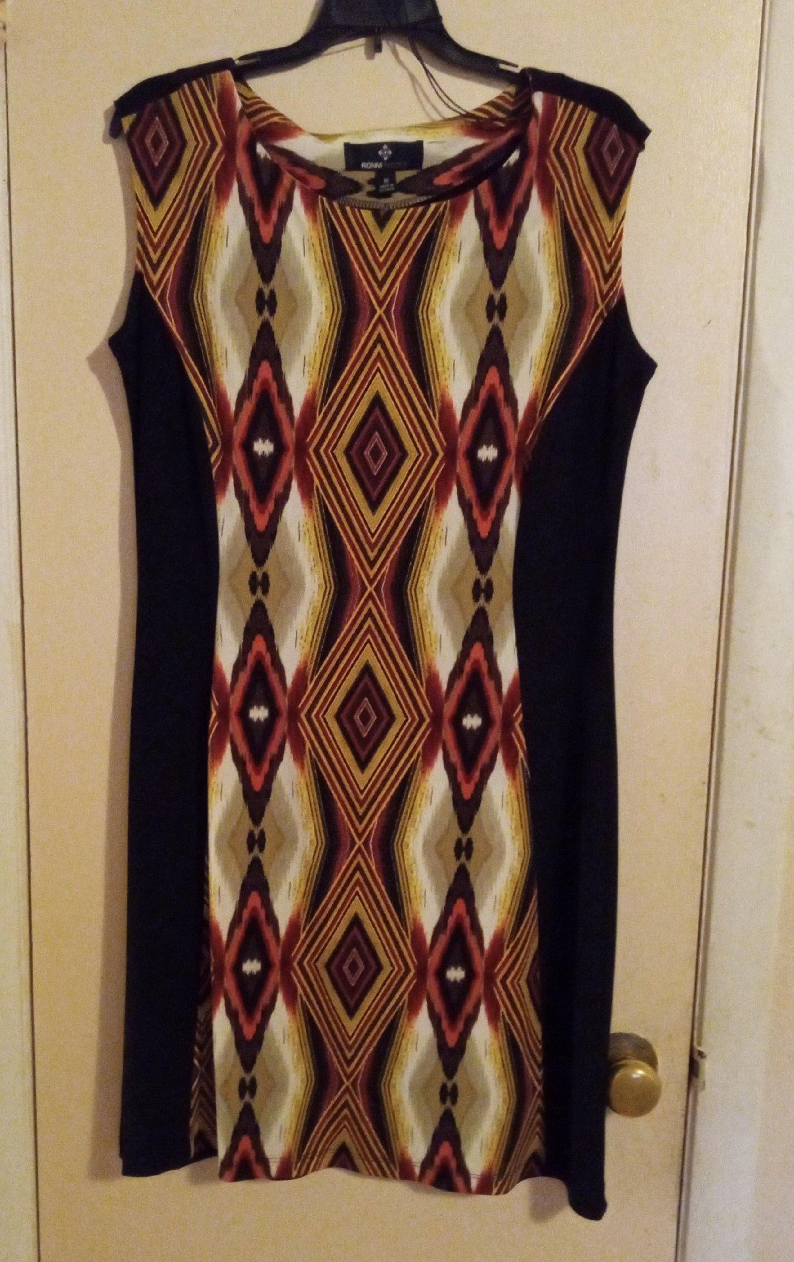 Ronni Nicole Print Dress Size 10 Black Stretch Pull-On Knee Length Worn Once