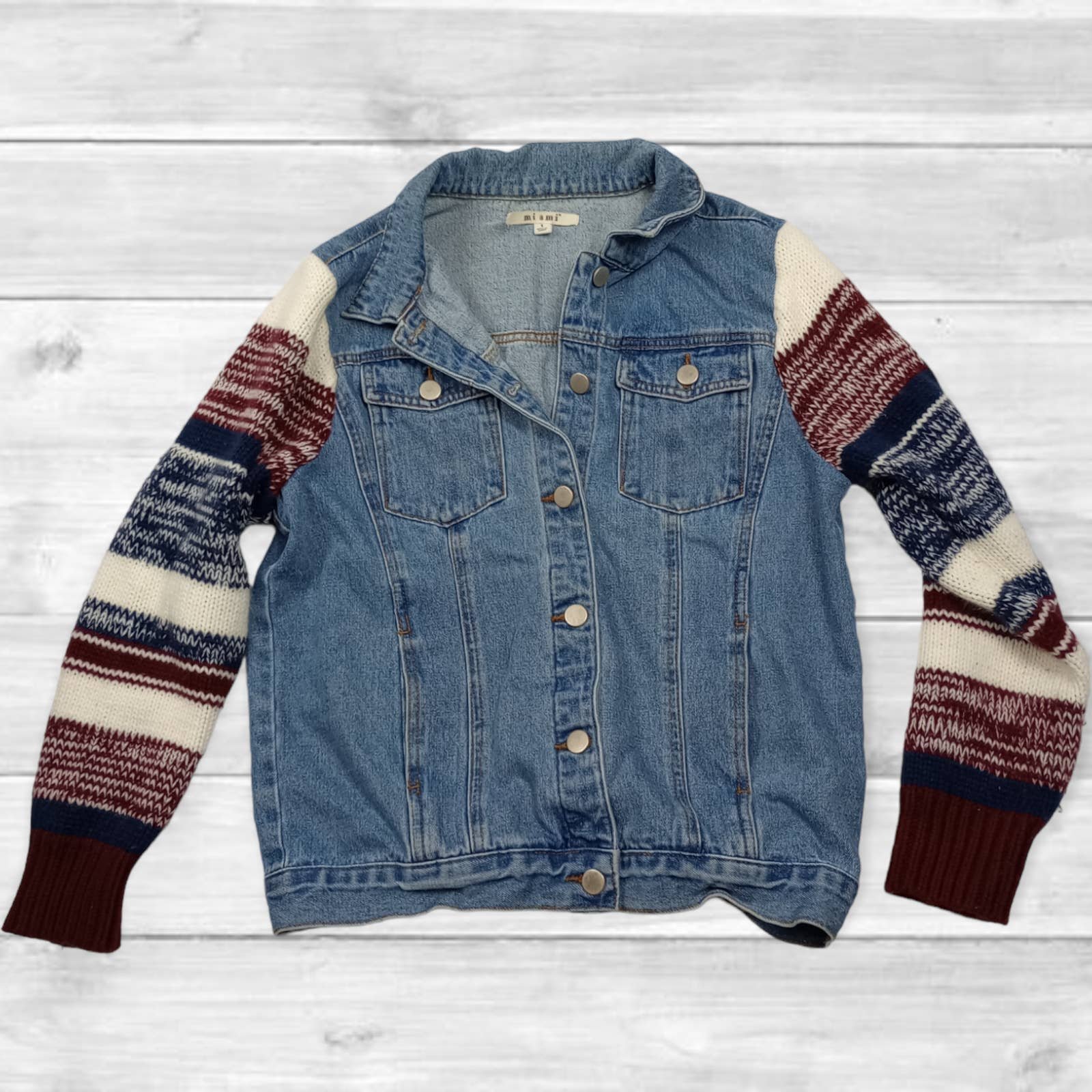 Miami Denim Jacket Striped Knit Sleeves Size Small