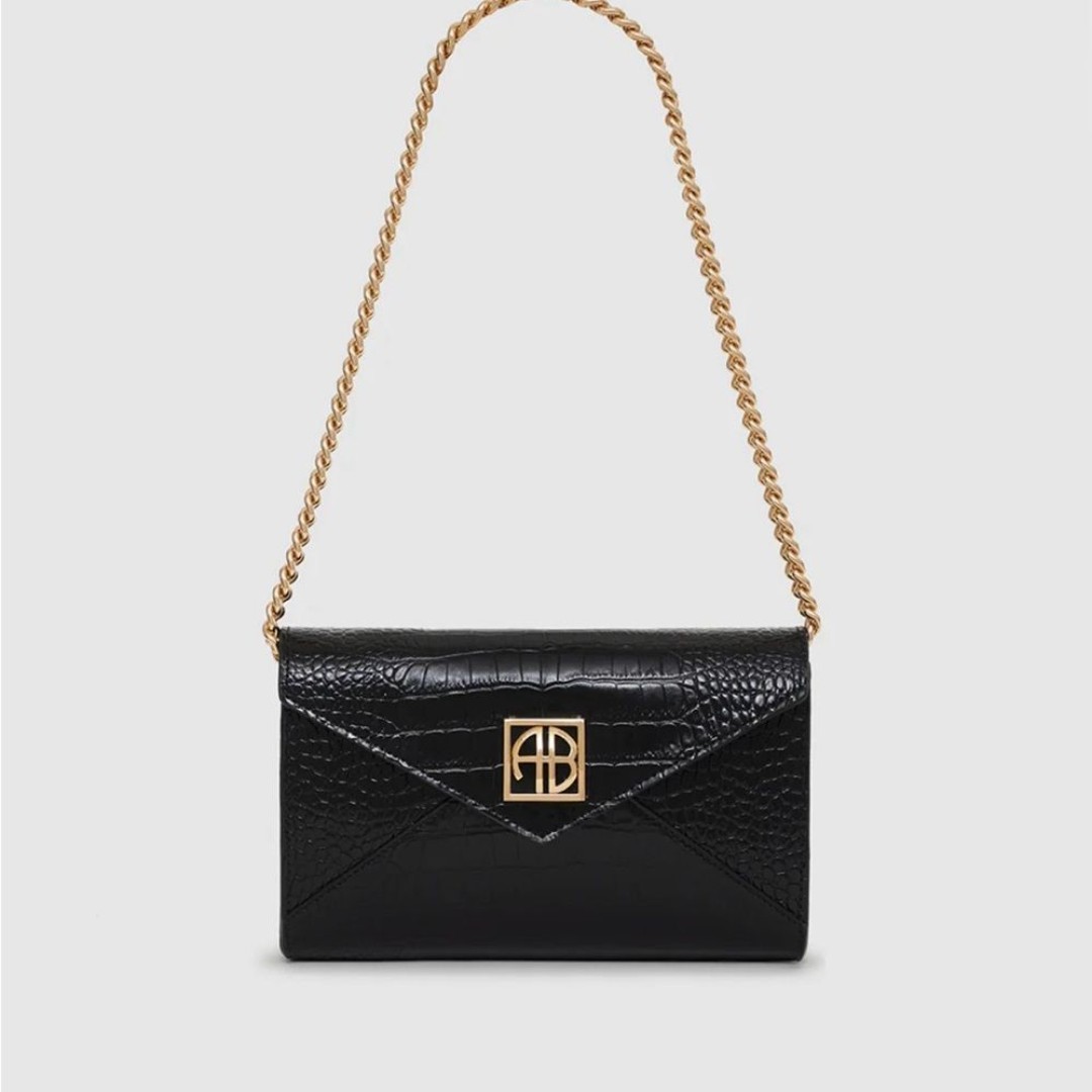 NWT Anine Bing Small Elly Clutch Black Embossed Gold Logo Patent Shiny Croc Bag