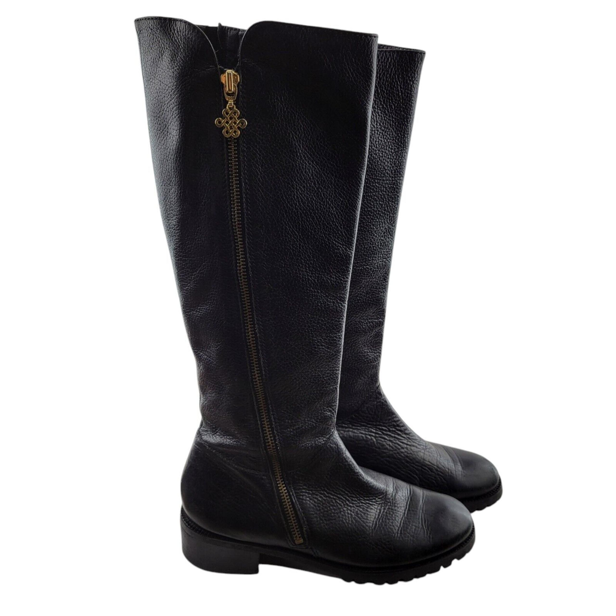 Diane Von Furstenberg Boots Womens 7 Tall Riding Boots Black Leather Gold Tone