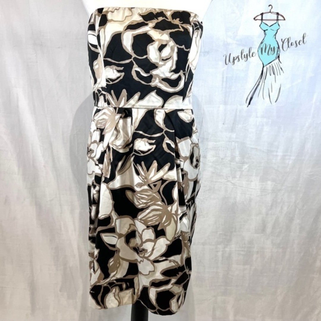 The Limited black tan and white strapless satin dress with pockets size 14