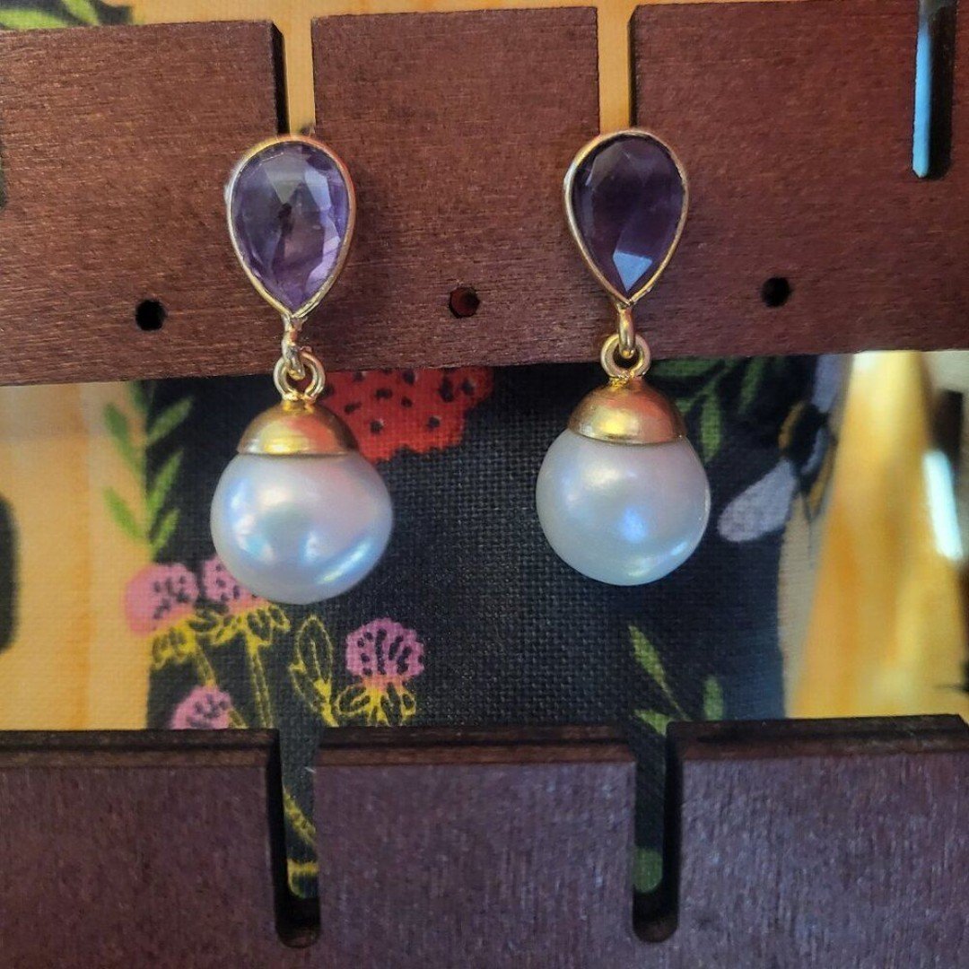 Amethyst & Freshwater Pearl 14k YG/Sterling Silver Earrings
