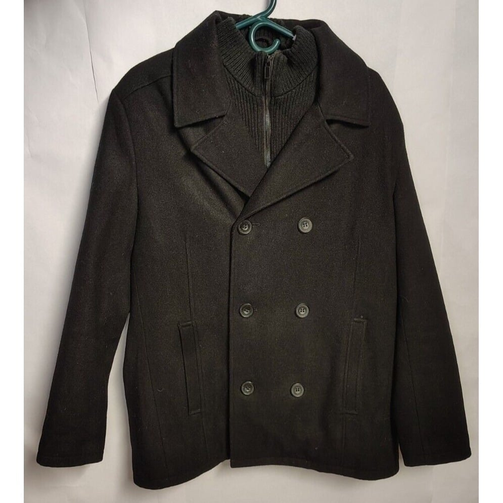 Kenneth Cole Mens Winter Coat L Black Double Breasted Peacoat Wool Ribbed Bib